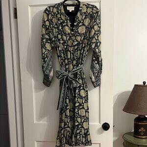 Cleobella Green and Cream Sheath Dress with Bishop Sleeves